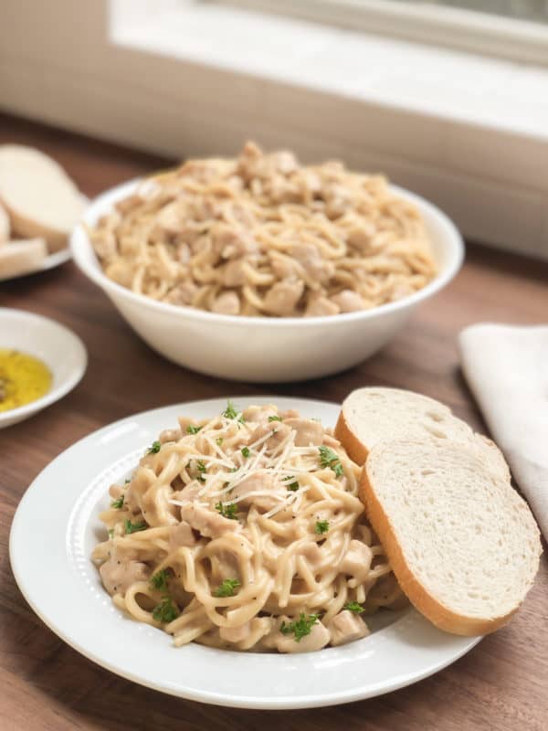 a serving of chicken tetrazzini on a plate