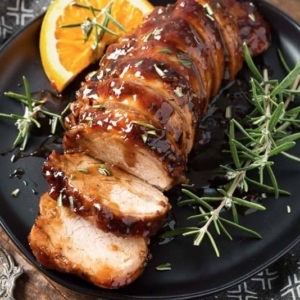 sliced honey garlic pork tenderloin on a plate