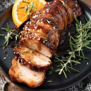 sliced honey garlic pork tenderloin on a plate