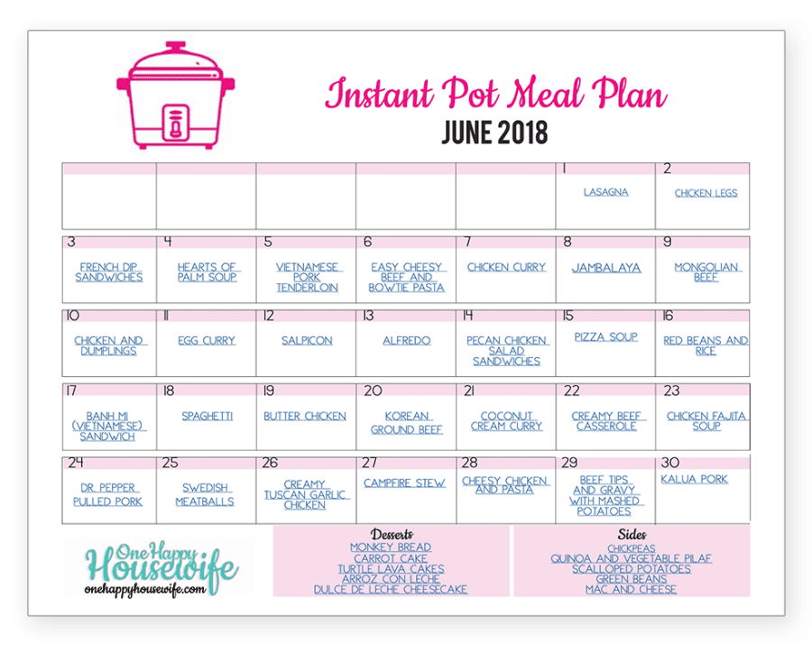 june instant pot meal plan calendar