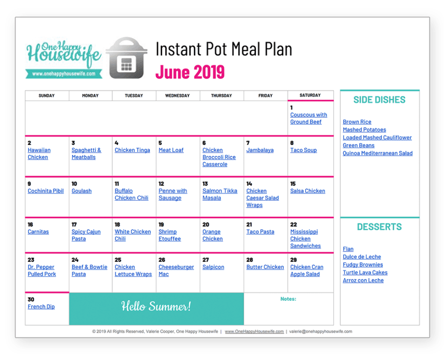 june instant pot meal plan calendar