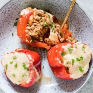 overhead shot of stuffed peppers with cilantro