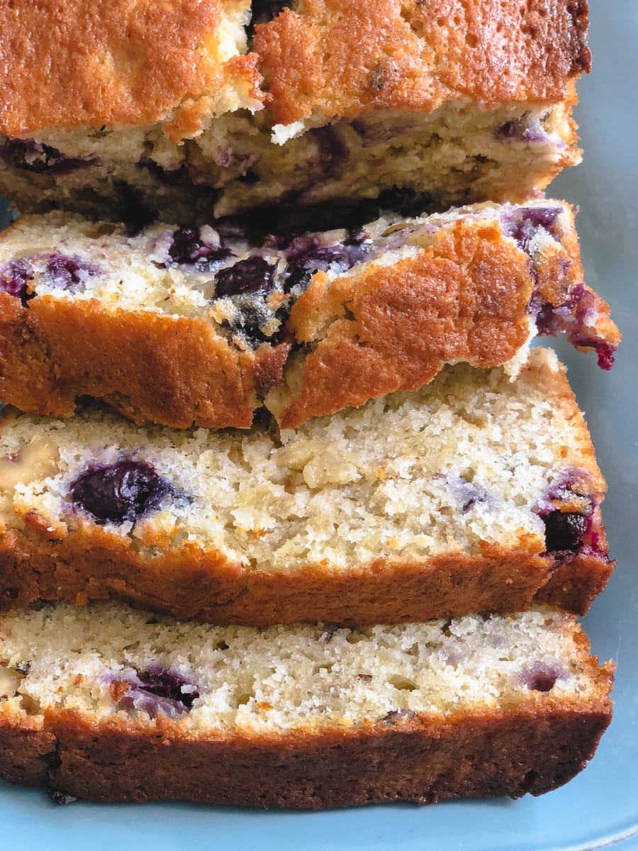 sliced blueberry banana bread