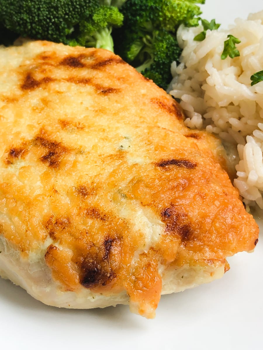 creamy salsa verde chicken bake served with rice and broccoli