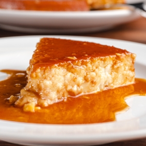 close up of coconut flan on a plate