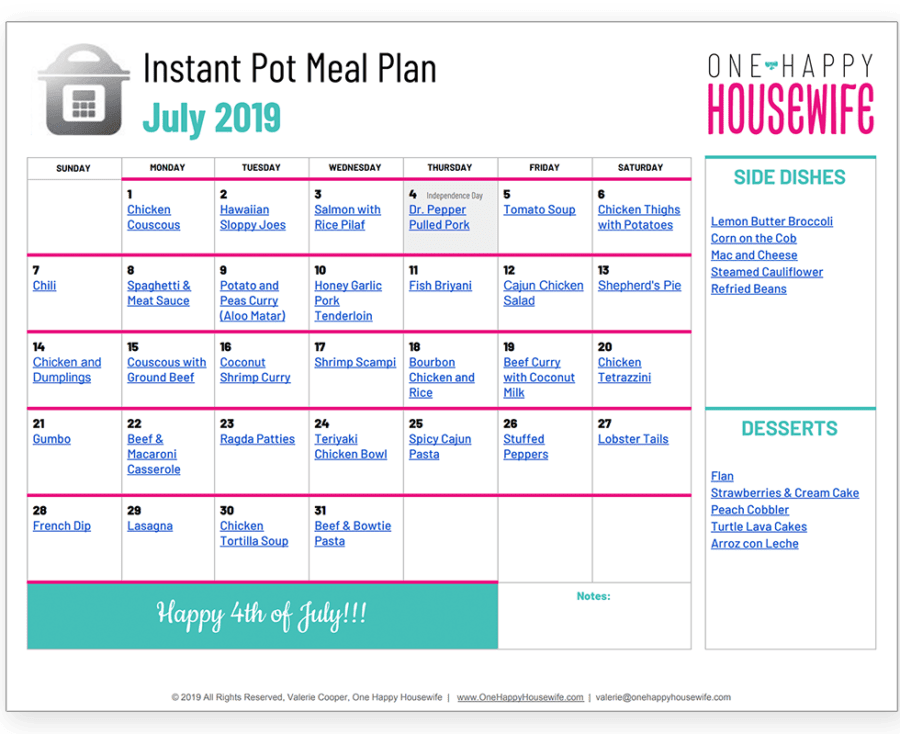 july instant pot meal plan calendar