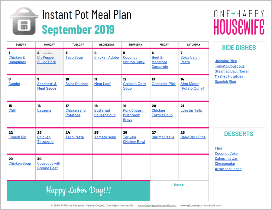 instant pot meal plan for september 2019