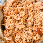 overhead shot of salsa rice being scooped