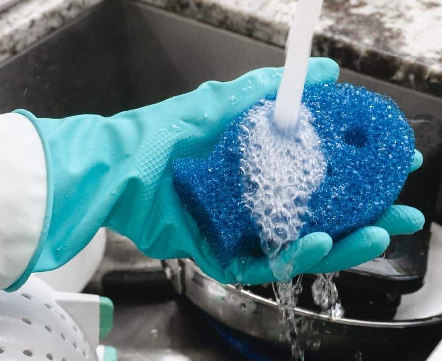 running water over the dish fish sponge