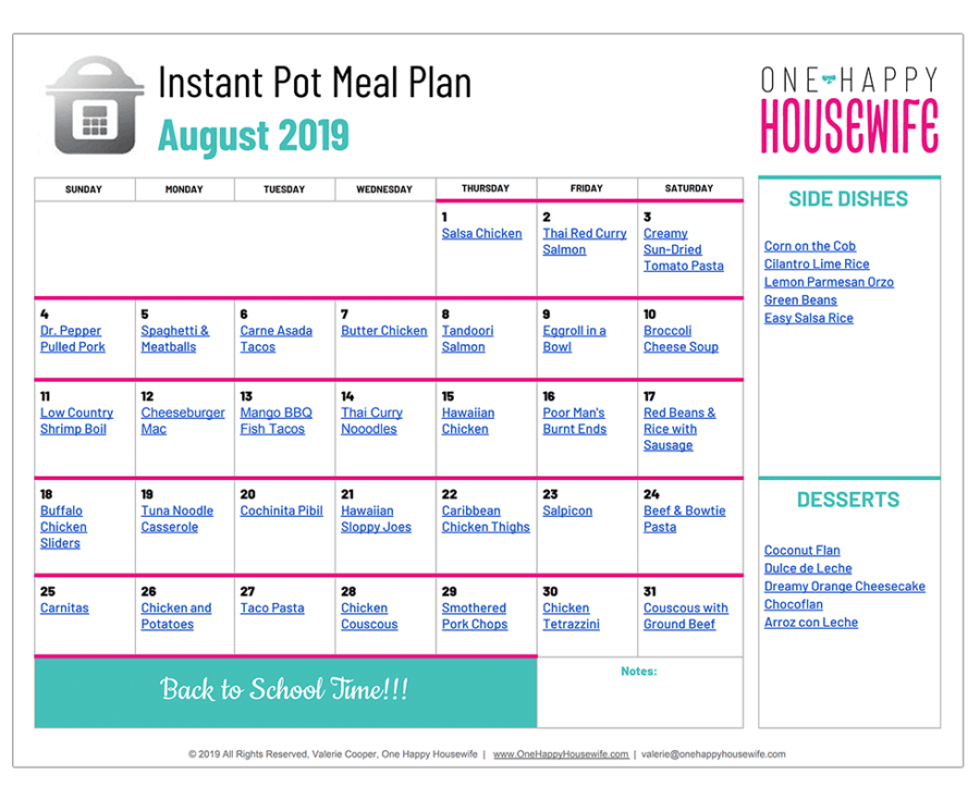 august instant pot meal plan