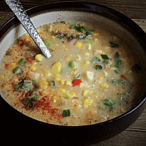 top view of a bowl of corn chowder