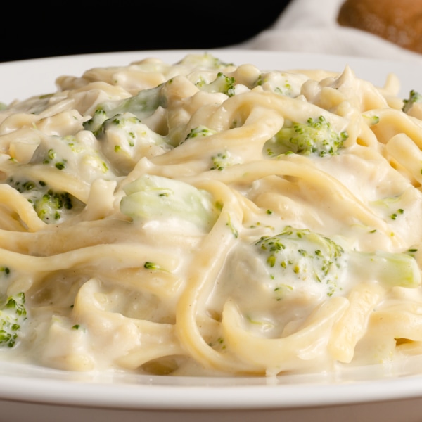 a creamy bowl of chicken broccoli alfredo pasta