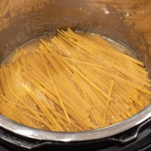 linguine pasta, chicken, and chicken stock in the instant pot