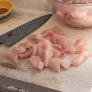 bite-sized strips of chicken breasts freshly cut