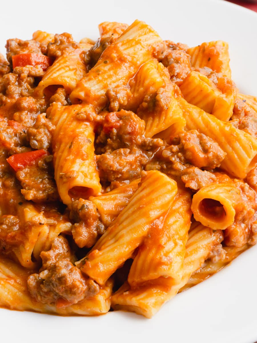 a large helping of pasta and Italian sausage in a creamy marinara sauce