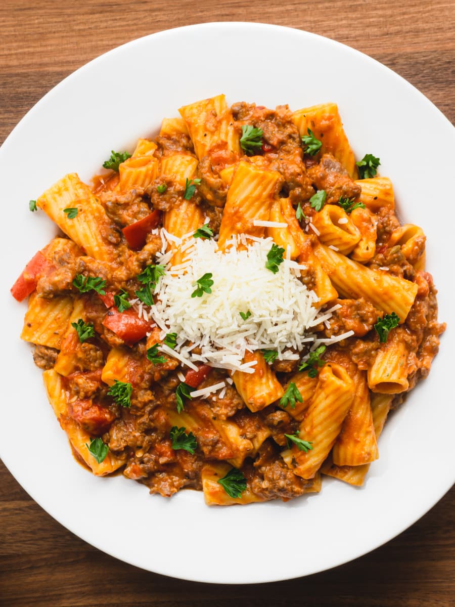 a plate of creamy Italian sausage rigatoni