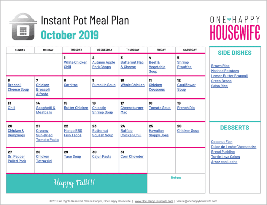 instant pot october meal plan