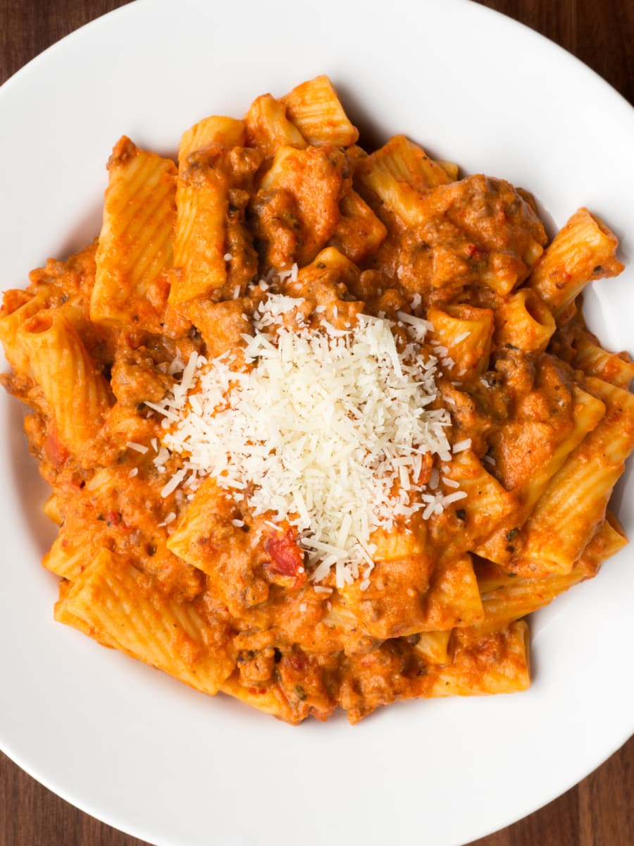 bird's eye view of a plate of instant pot cheesy sausage rigatoni