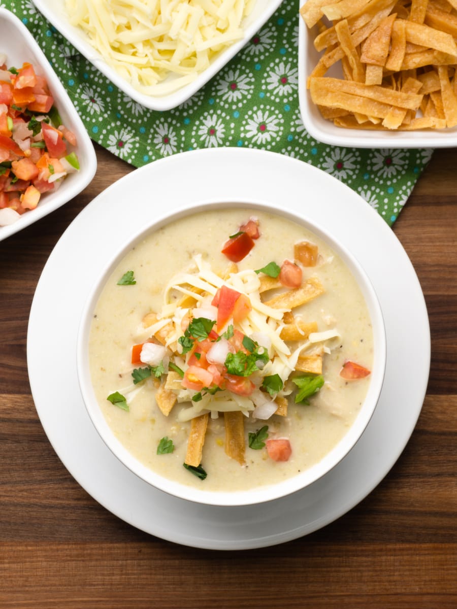 overhead shot of chicken enchilada soup