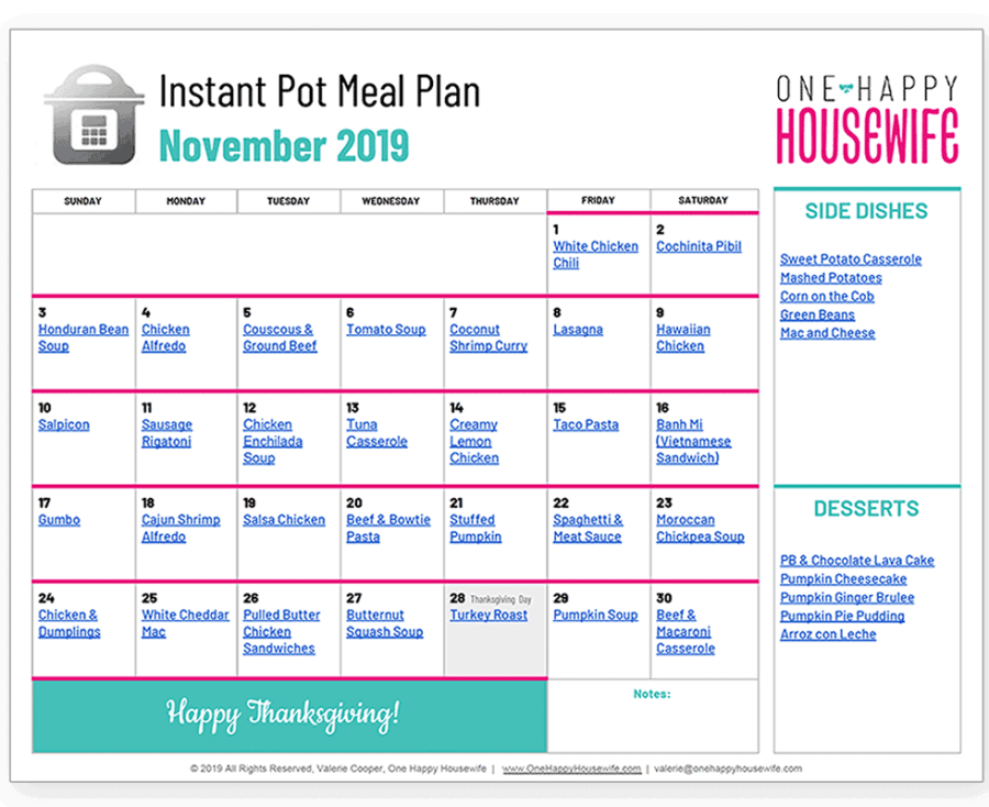 instant pot november meal plan