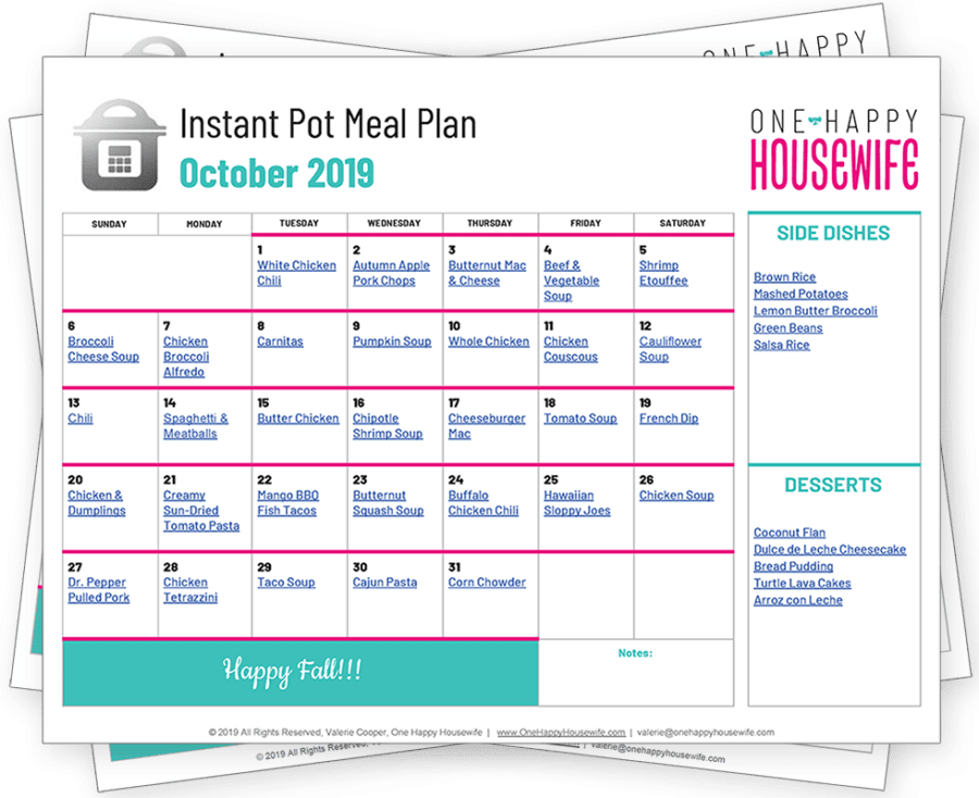october instant pot meal plan calendar