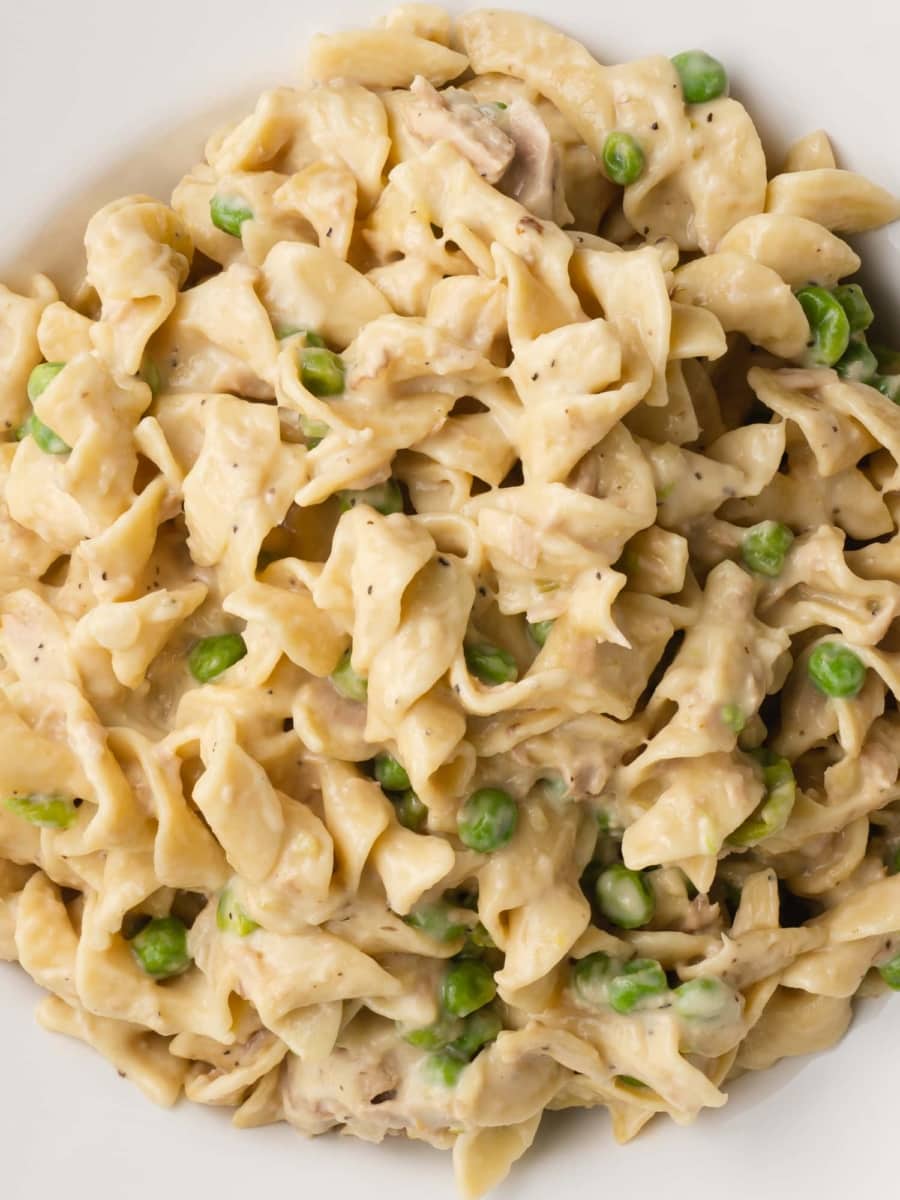 close up overhead shot of a creamy bowl of tuna casserole