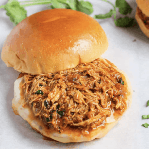 an open faced pulled butter chicken sandwich