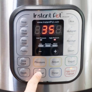 setting the instant pot to cook on manual, high pressure for 35 minutes