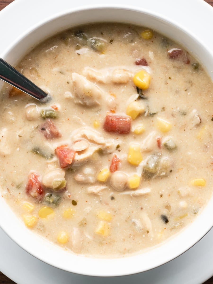 overhead view of a bowl of white chili made with shredded turkey