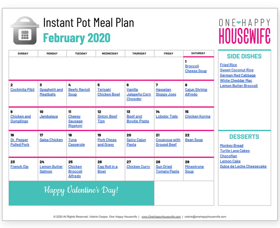 instant pot february meal plan calendar