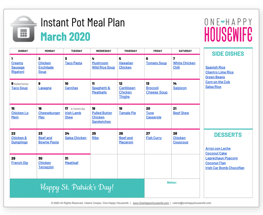 march instant pot meal plan