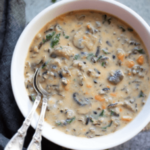 overhead shot of a bowl filled with mushroom wild rice soup