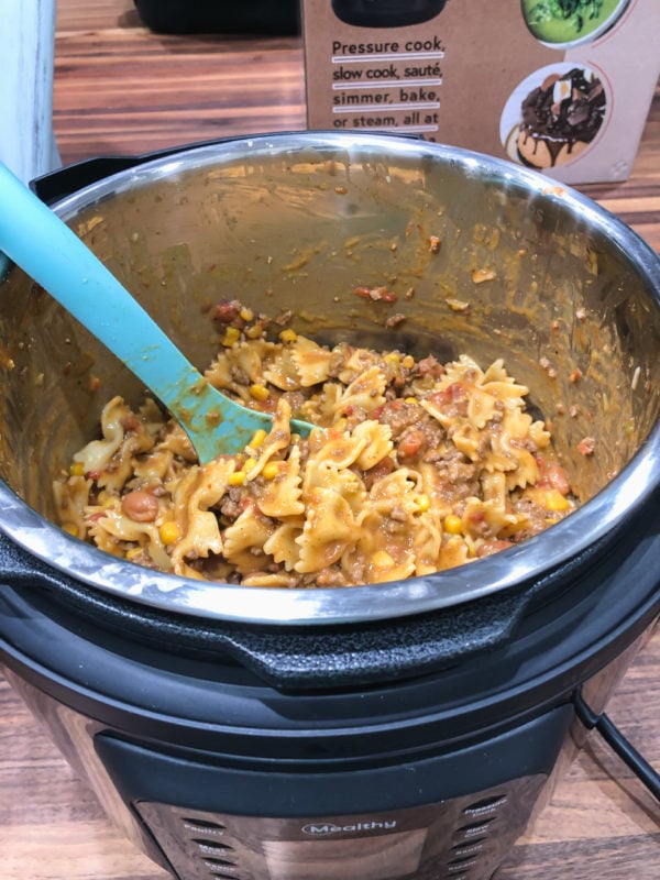 a freshly made batch of taco pasta made in the mealthy multipot