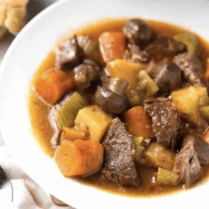 a serving of beef stew in a bowl