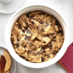 overhead view of french toast casserole in a bowl