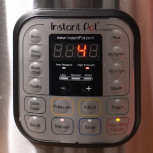 the display of the instant pot reads 4 minutes for cooking tuscan chicken pasta