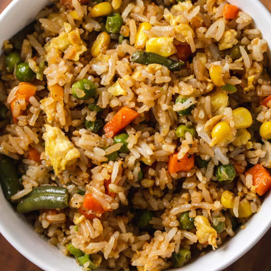 a bowl of easy vegetable and egg fried rice