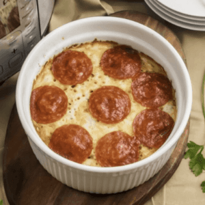 a low carb pizza casserole in a bowl