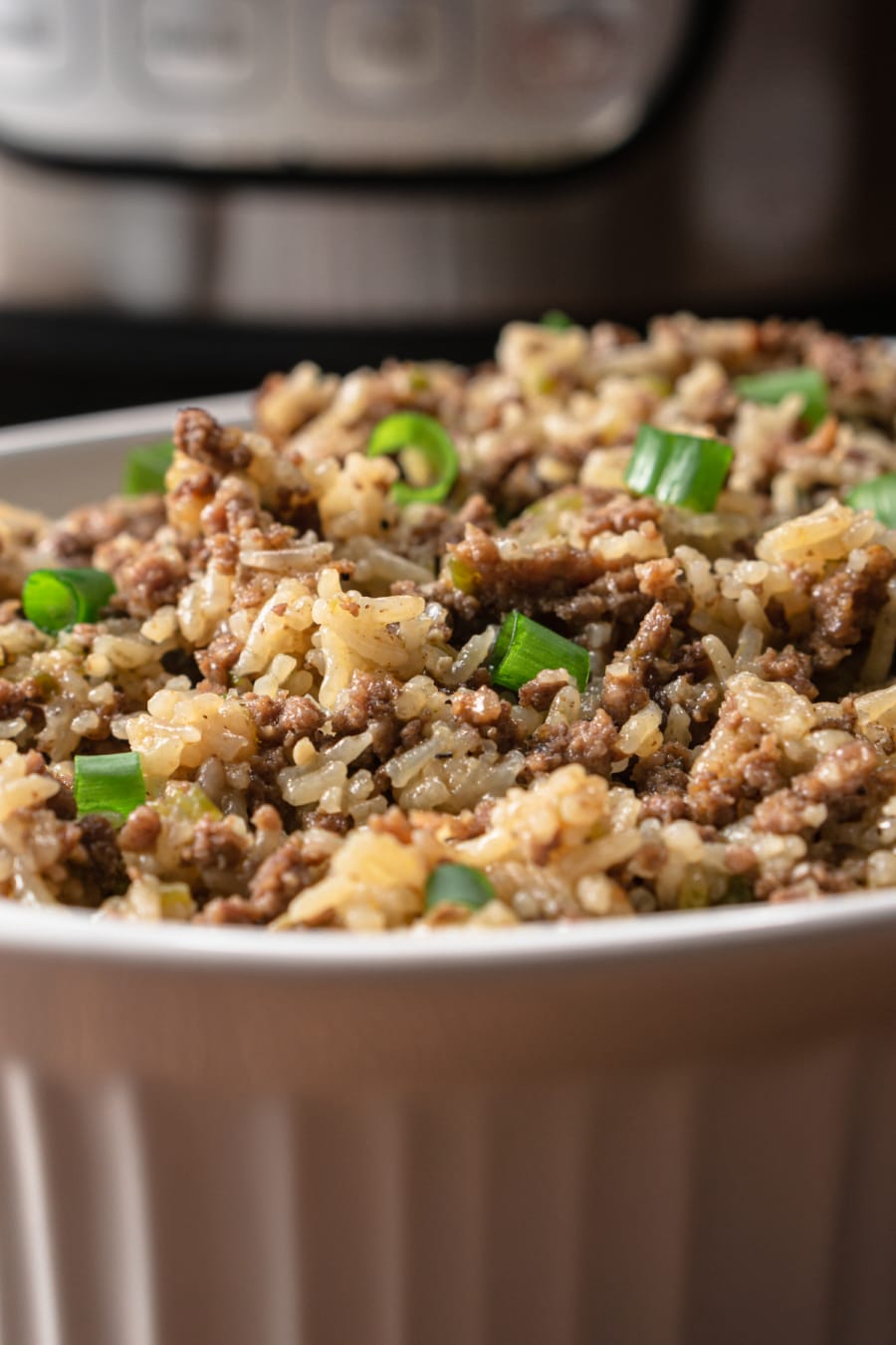 a close up of a white serving dish with dirty rice topped with green onions