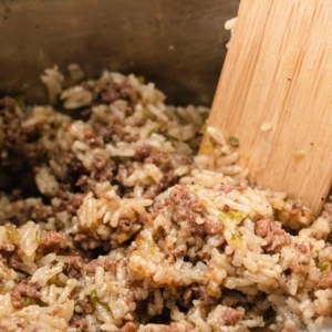a close up of dirty rice and a wooden spatula