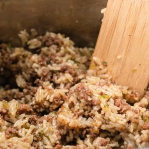 a close up of dirty rice and a wooden spatula