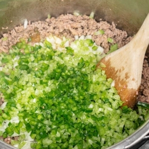 diced jalapeno, diced celery, diced green bell pepper, and diced onion with a mixture of ground sausage and lean ground beef in the instant pot pressure cooker