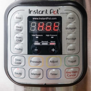 the instant pot display reads Hot, in Saute mode, adjusted to More heat level