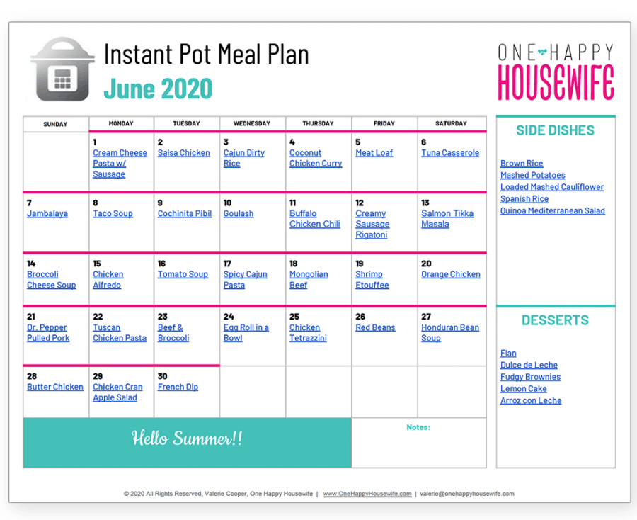 instant pot june meal plan calendar