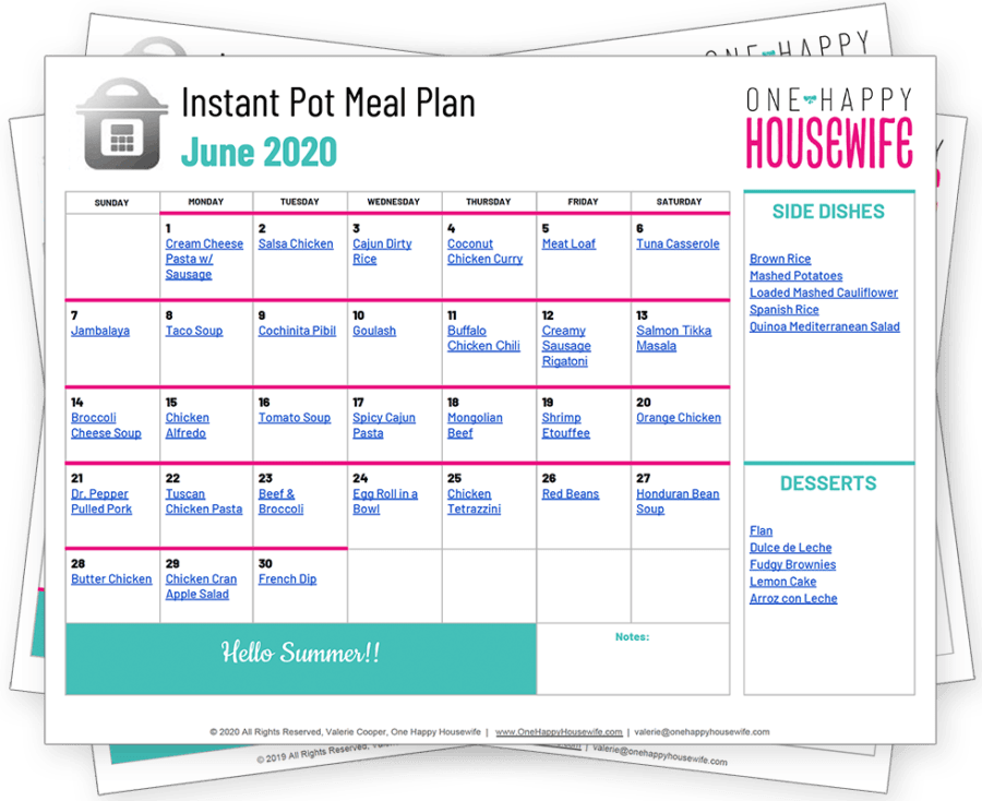 instant pot june meal plan calendar