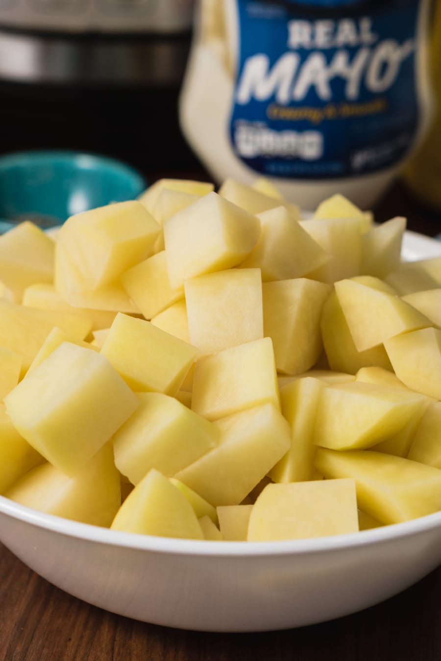 a bowl of chopped potatoes