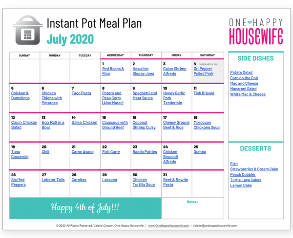 july instant pot meal plan calendar
