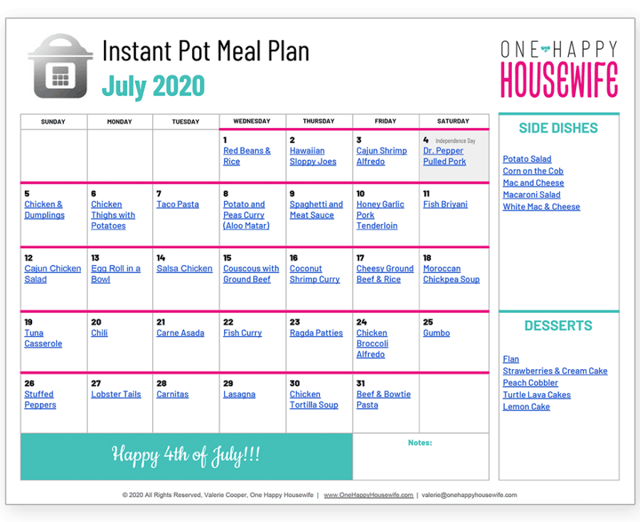 july instant pot meal plan calendar