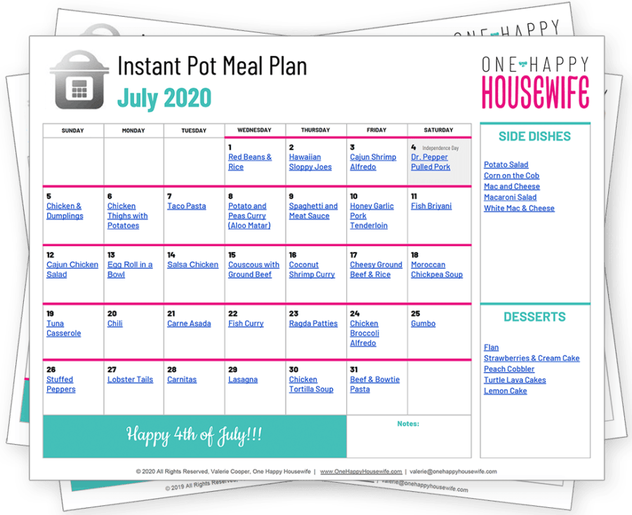 july instant pot meal plan calendar