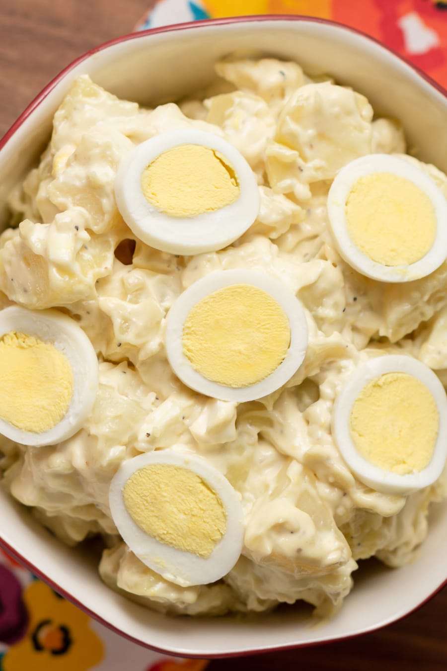 an overhead closeup of homemade potato salad